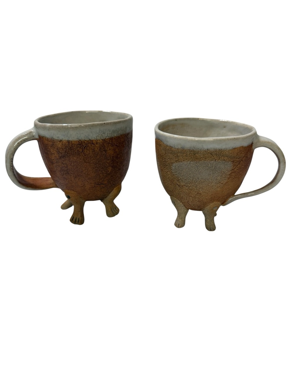 2 Handmade Whimsical Pottery Coffee Mugs with Feet.